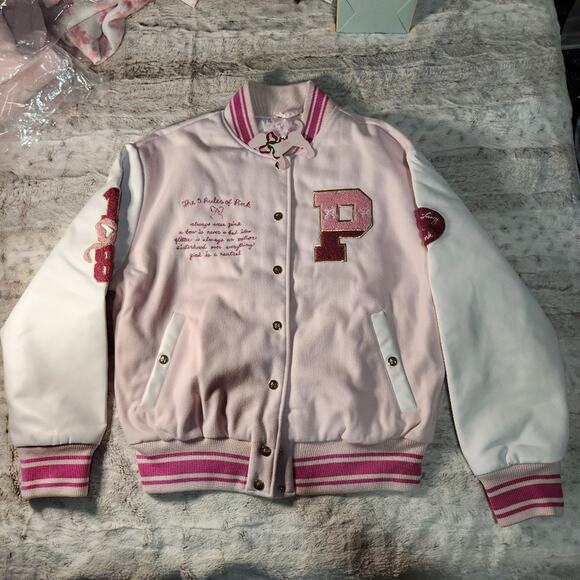 VS PINK x LoveShackFancy Pink and White College Boyfriend Varsity Jacket Size M - Picture 6 of 8
